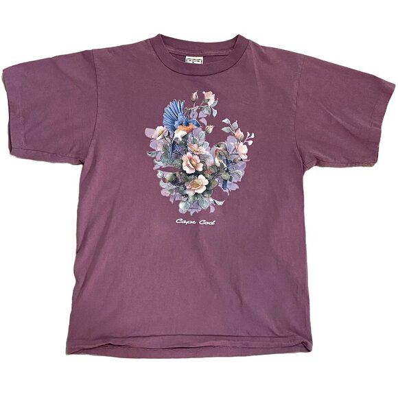 Vintage Tops - Vintage Graphic T-Shirt Floral Bird Design Purple Cottagecore 100% Cotton Boxy